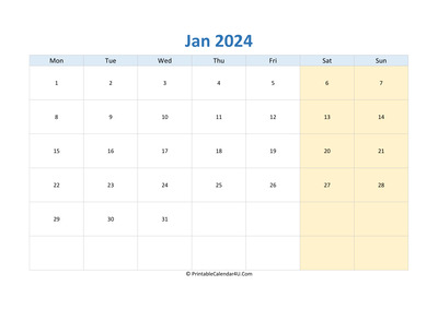 blank calendar january 2024 horizontal layout