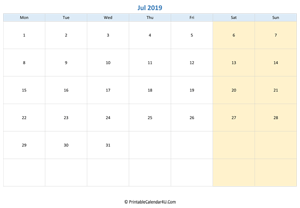 blank calendar july 2019 horizontal layout