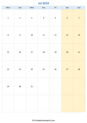 blank calendar july 2019 vertical layout