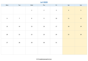 blank calendar july 2020 horizontal layout