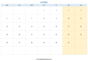 blank calendar july 2021 horizontal layout