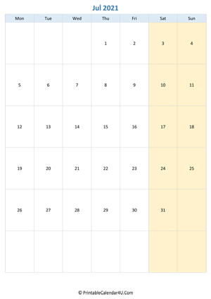 blank calendar july 2021 vertical layout