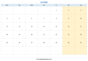 blank calendar july 2022 horizontal layout