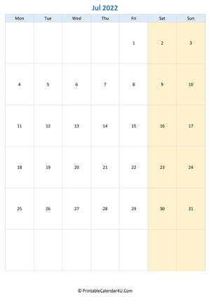 blank calendar july 2022 vertical layout