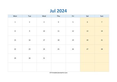 blank calendar july 2024 horizontal layout