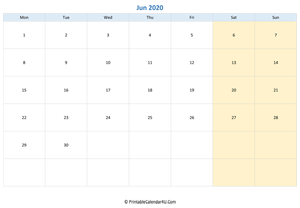 blank calendar june 2020 horizontal layout
