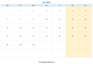blank calendar june 2021 horizontal layout