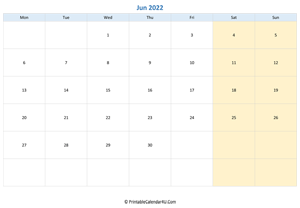 blank calendar june 2022 horizontal layout
