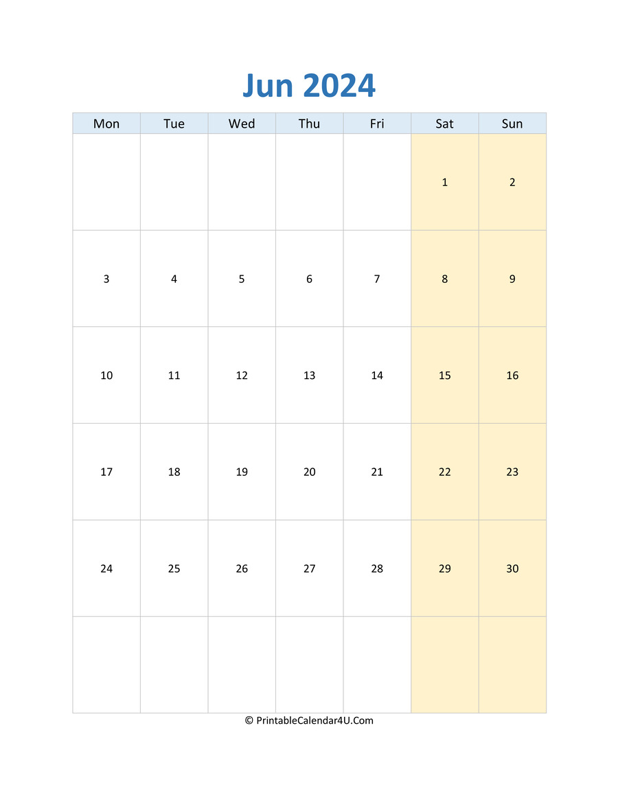2024 June Calendar Printable Free Yearly Debbi Ethelda