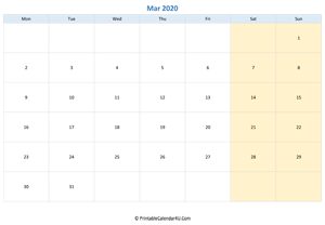 blank calendar march 2020 horizontal layout