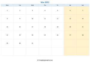 blank calendar march 2021 horizontal layout