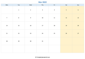 blank calendar march 2022 horizontal layout