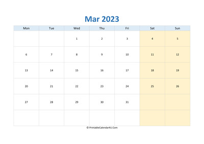 blank calendar march 2023 horizontal layout
