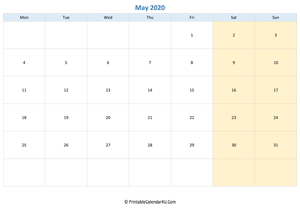 blank calendar may 2020 horizontal layout