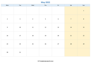 blank calendar may 2022 horizontal layout