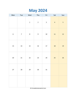 blank calendar may 2024 vertical layout