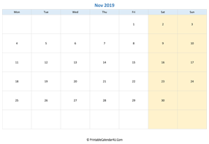 blank calendar november 2019 horizontal layout