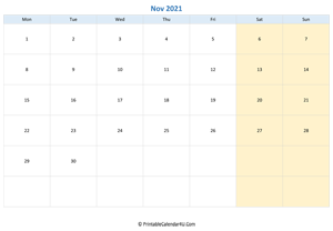 blank calendar november 2021 horizontal layout