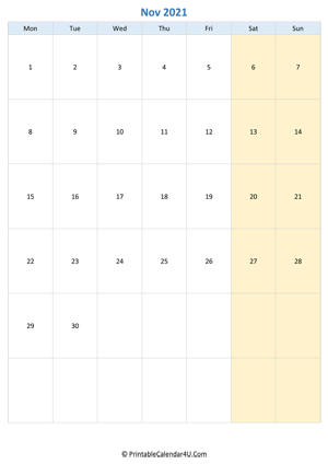 blank calendar november 2021 vertical layout
