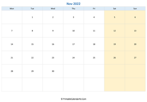 blank calendar november 2022 horizontal layout