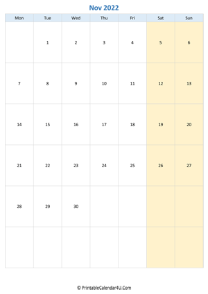 blank calendar november 2022 vertical layout