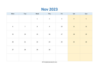 blank calendar november 2023 horizontal layout