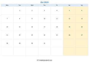 blank calendar october 2019 horizontal layout