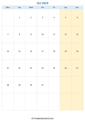 blank calendar october 2019 vertical layout