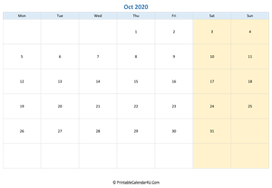 blank calendar october 2020 horizontal layout
