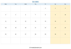 blank calendar october 2021 horizontal layout