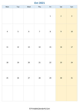 blank calendar october 2021 vertical layout