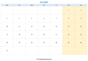 blank calendar october 2022 horizontal layout