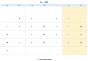 blank calendar september 2019 horizontal layout