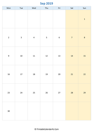 blank calendar september 2019 vertical layout