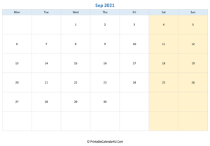 blank calendar september 2021 horizontal layout