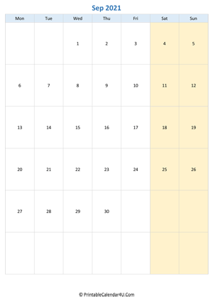 blank calendar september 2021 vertical layout