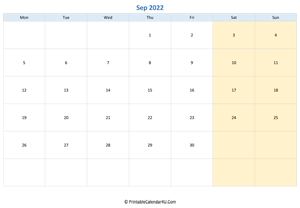 blank calendar september 2022 horizontal layout