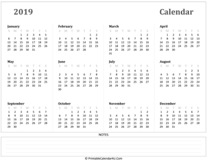 calendar 2019 has week starts on sunday landscape layout