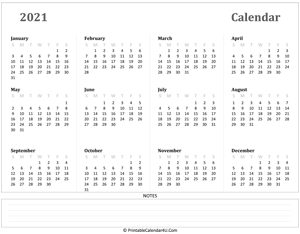 calendar 2021 has week starts on sunday landscape layout