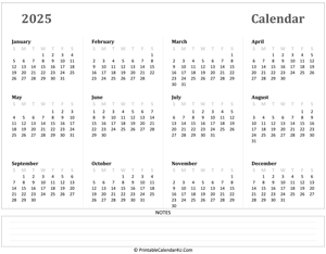 calendar 2025 has week starts on sunday landscape layout
