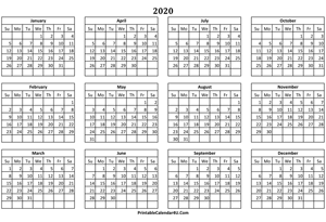 calendar yearly 2020 landscape layout