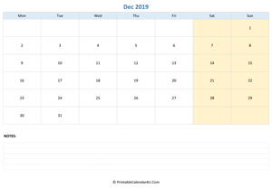 december 2019 calendar editable with notes horizontal layout
