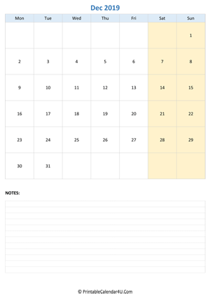 december 2019 calendar editable with notes vertical layout