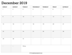 december 2019 calendar printable week starts on sunday