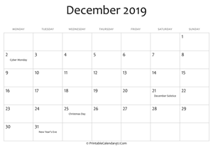 december 2019 editable calendar with holidays