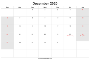 december 2020 calendar with uk bank holidays highlighted landscape layout