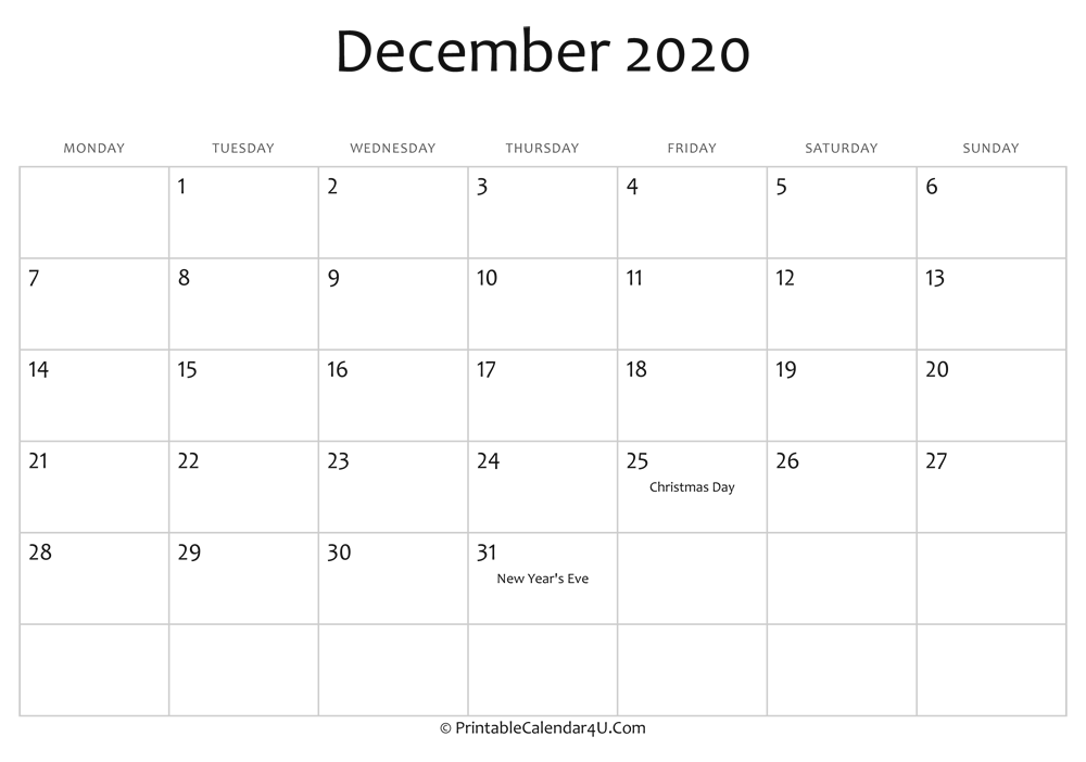 December 2020 Editable Calendar with Holidays