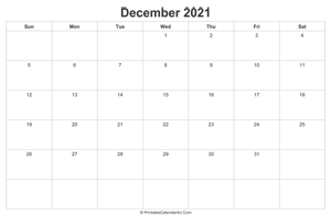 december 2021 calendar printable landscape layout