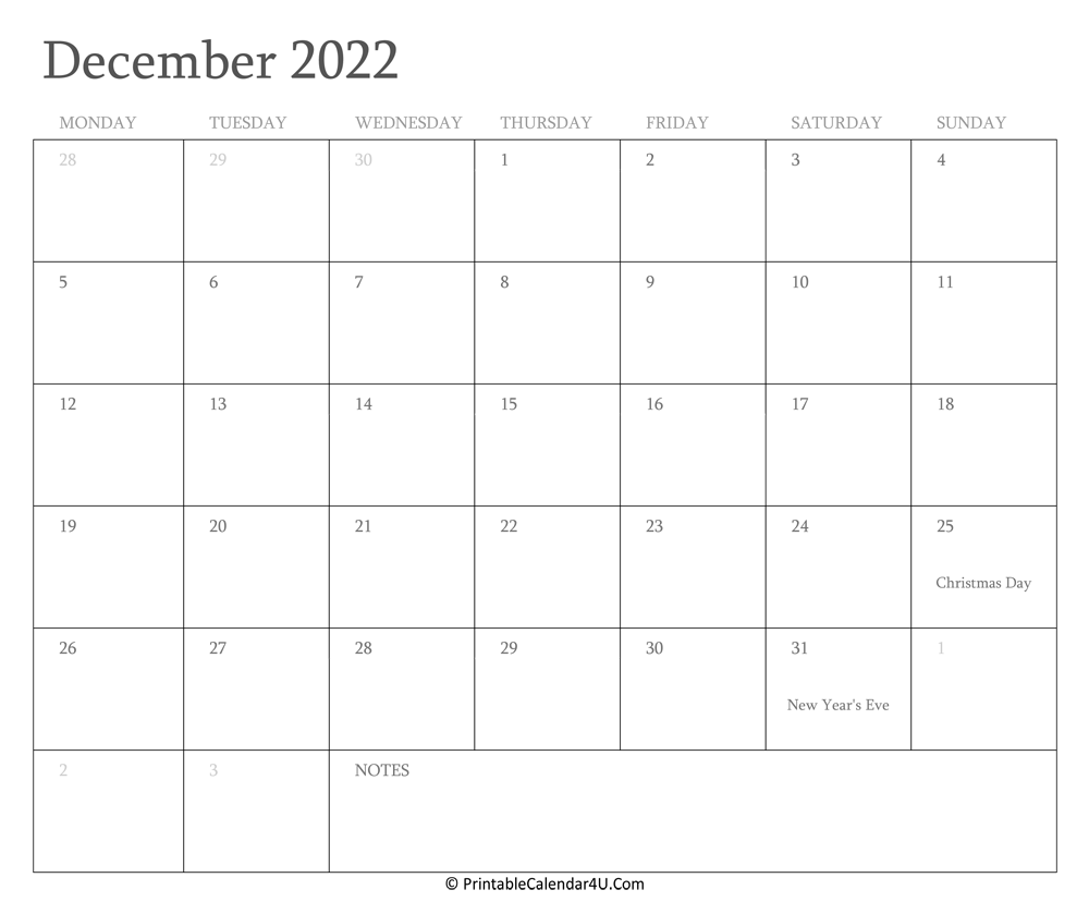 December 2022 Holiday Calendar December 2022 Calendar Printable With Holidays
