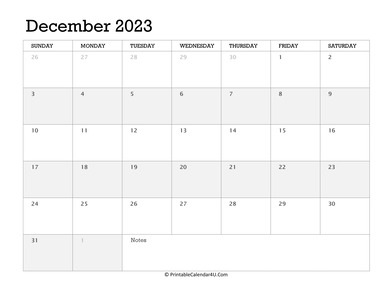 december 2023 calendar printable week starts on sunday